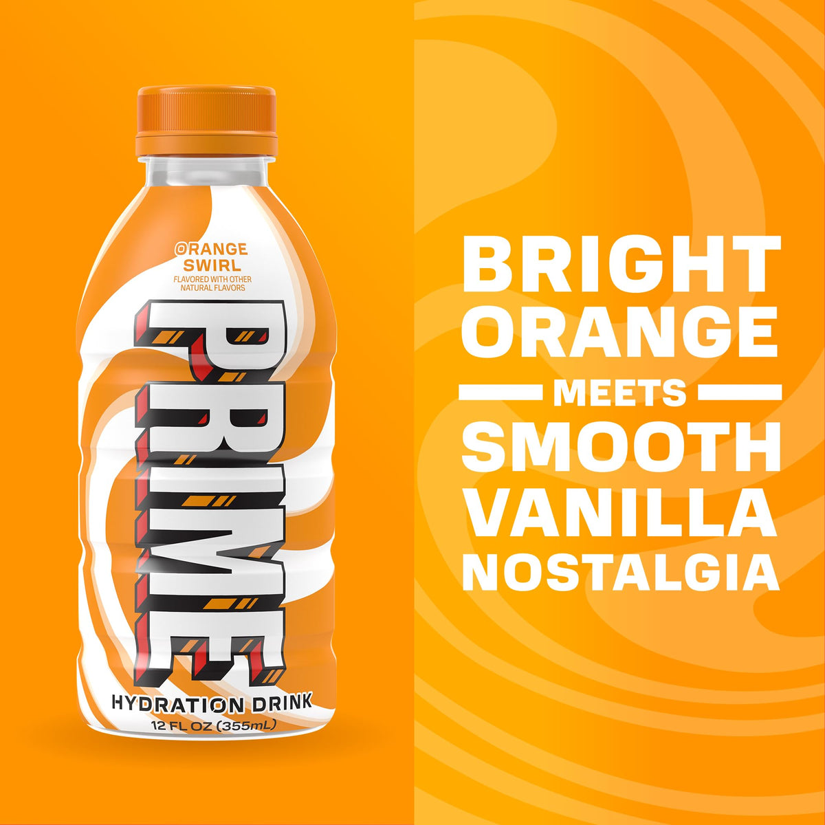 Prime Hydration Orange Swirl bottle offers caffeine-free, low-calorie refreshment during activities
