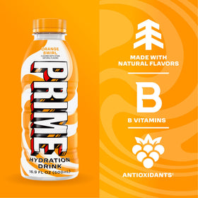 Close-up of Prime Hydration Orange Swirl label emphasizing natural flavors.