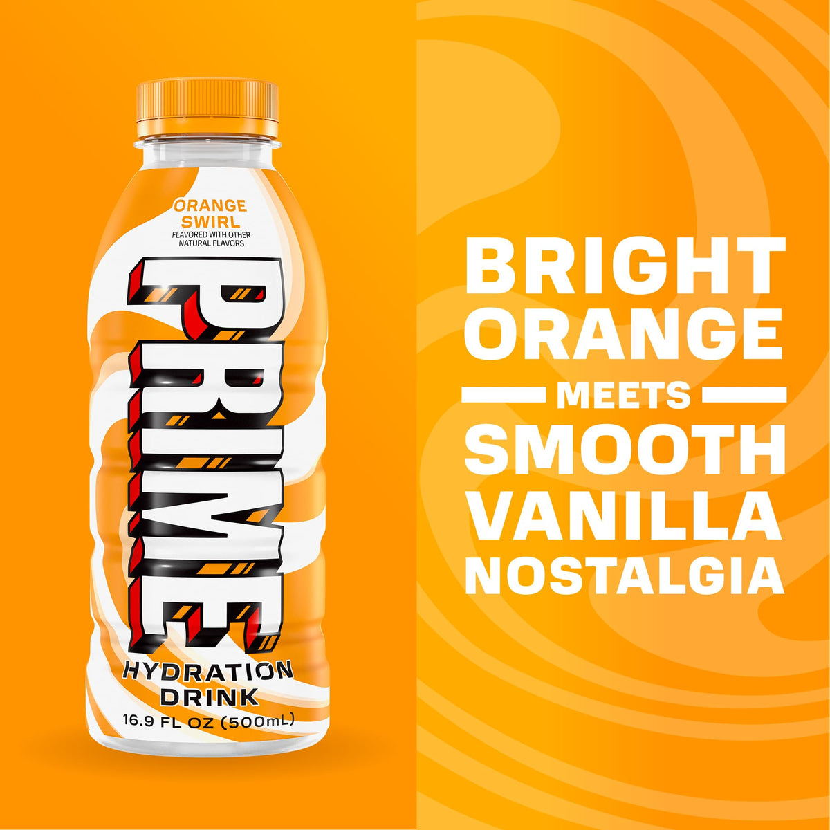 Prime Hydration Orange Swirl glass being poured, showcasing zero-sugar hydration.
