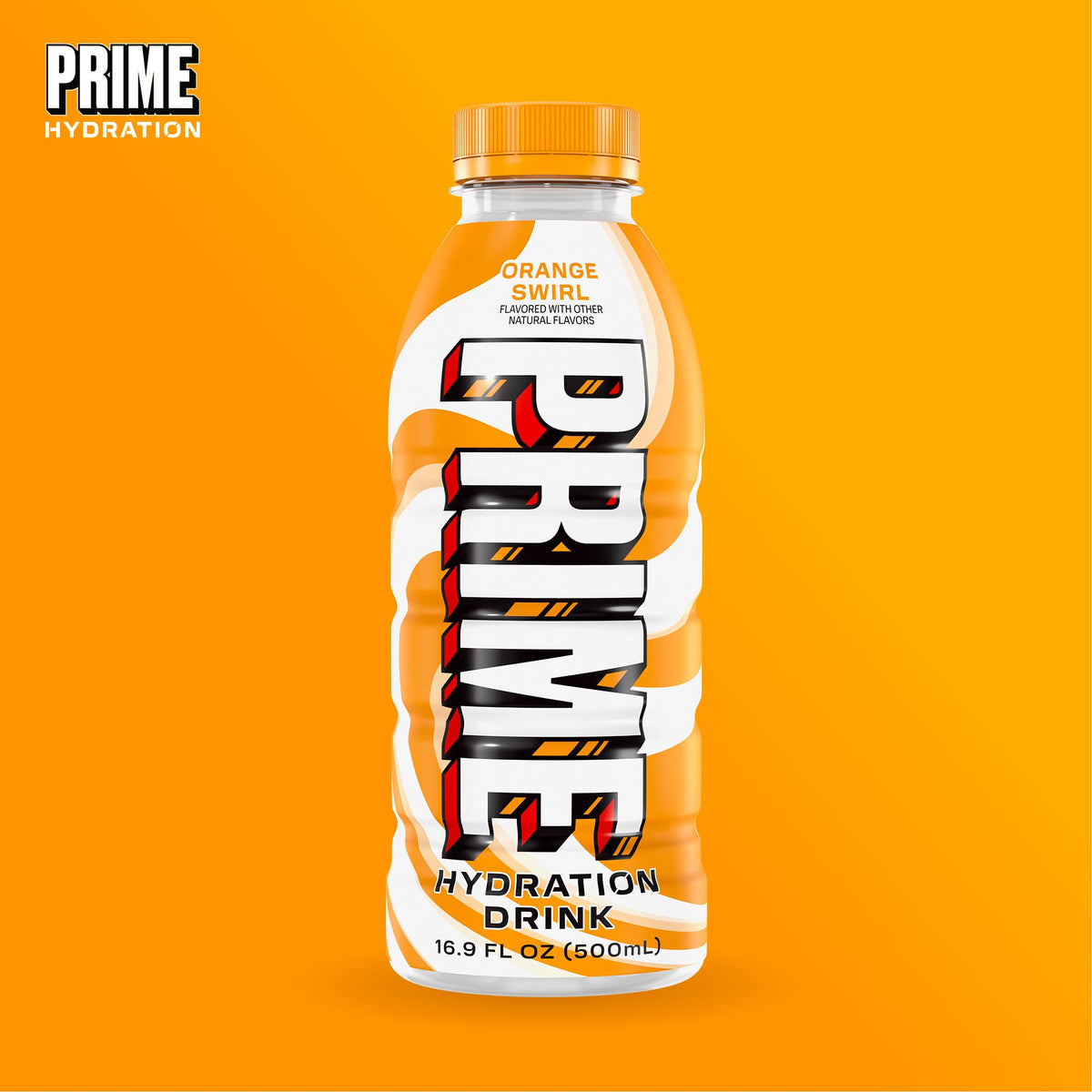 Prime Hydration Orange Swirl ready-to-drink bottle on a cooldown desk.