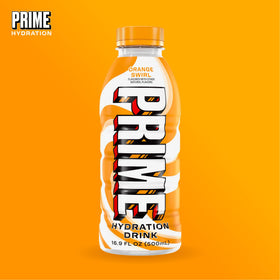 Prime Hydration Orange Swirl ready-to-drink bottle on a cooldown desk.