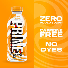 Prime Hydration Orange Swirl bottle beside a workout towel after training.