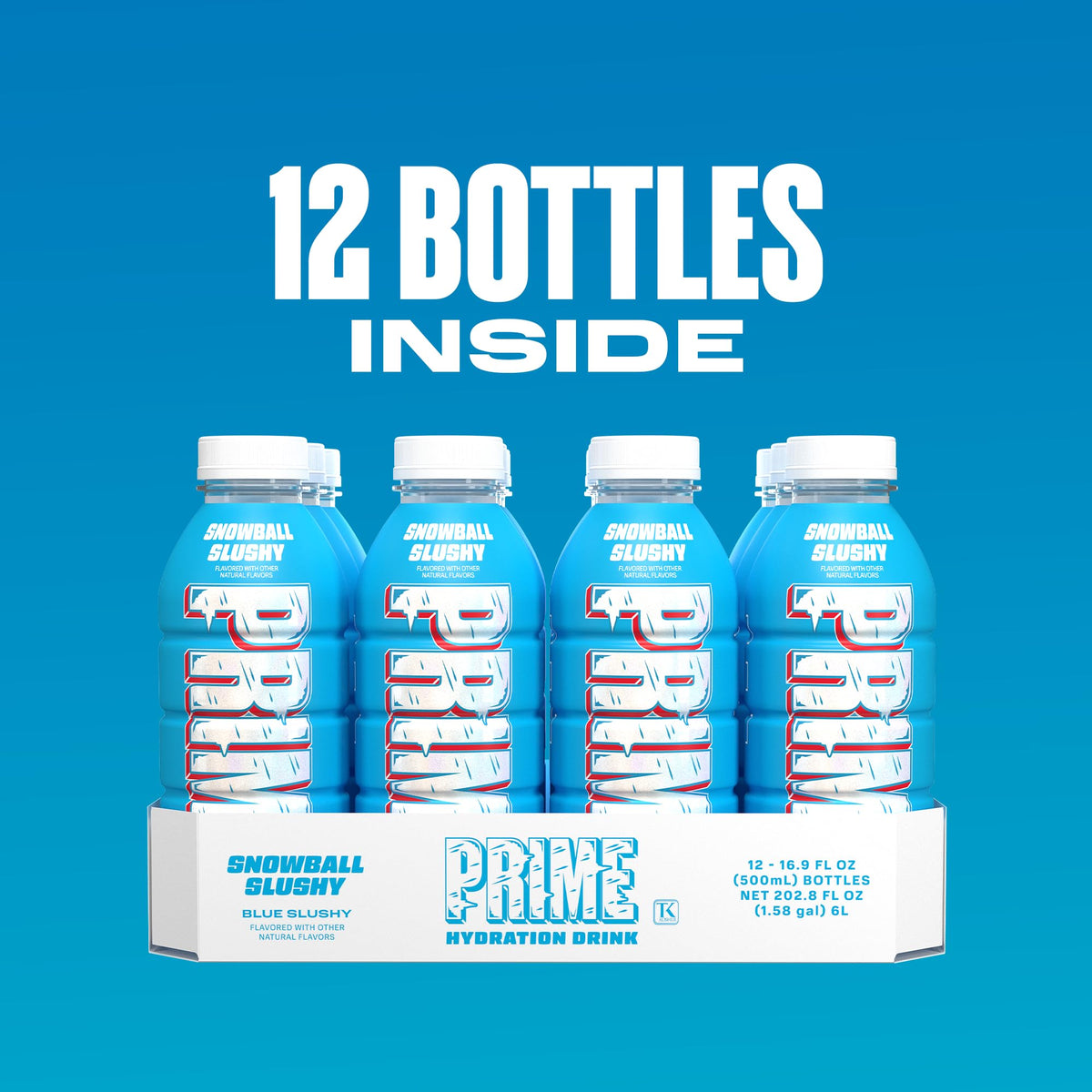 Label emphasizing 250 mg BCAAs and electrolytes in Prime Hydration Snowball Slushy