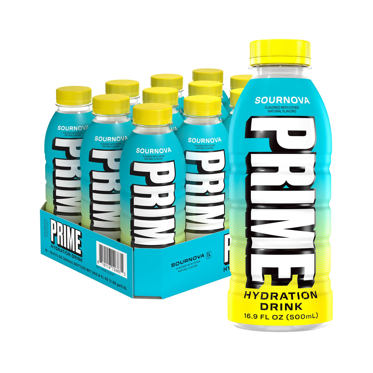 PRIME Hydration Sour Nova bottle showing zero added sugar for light hydration.