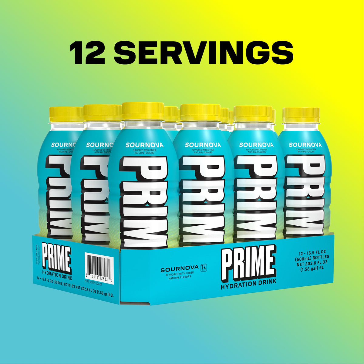 Bottle cap and coconut water imagery on PRIME Sour Nova label emphasizing electrolytes.