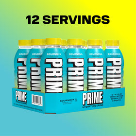 Bottle cap and coconut water imagery on PRIME Sour Nova label emphasizing electrolytes.