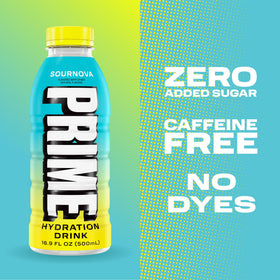 Cold PRIME Hydration Sour Nova glass with ice highlighting refreshing flavor.