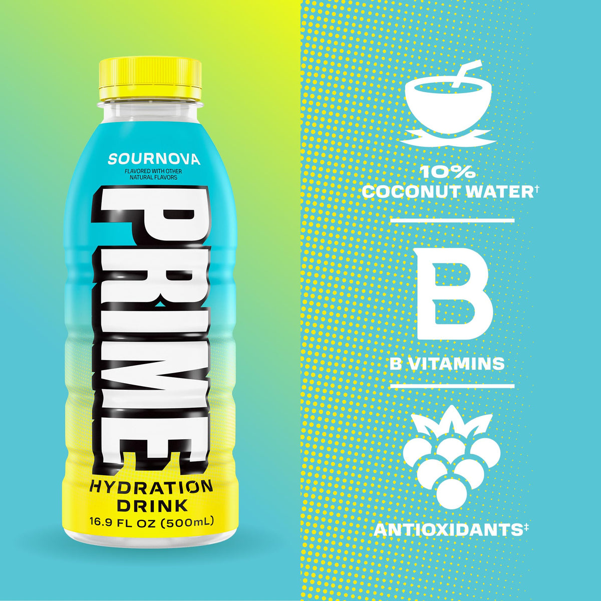 Close-up of PRIME Hydration Sour Nova label showing natural flavors.