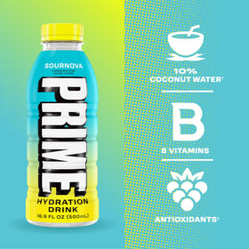 Close-up of PRIME Hydration Sour Nova label showing natural flavors.