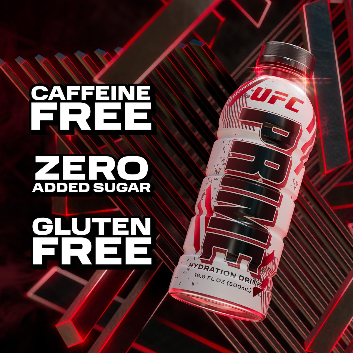 Assorted PRIME Hydration UFC flavors displayed in a six pack