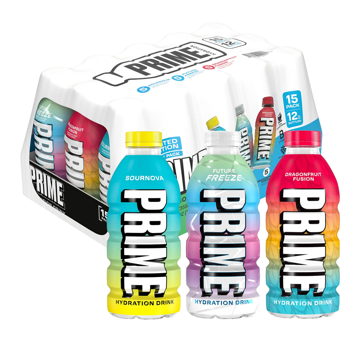PRIME Hydration variety bottle front shows low-sugar hydration for daily performance