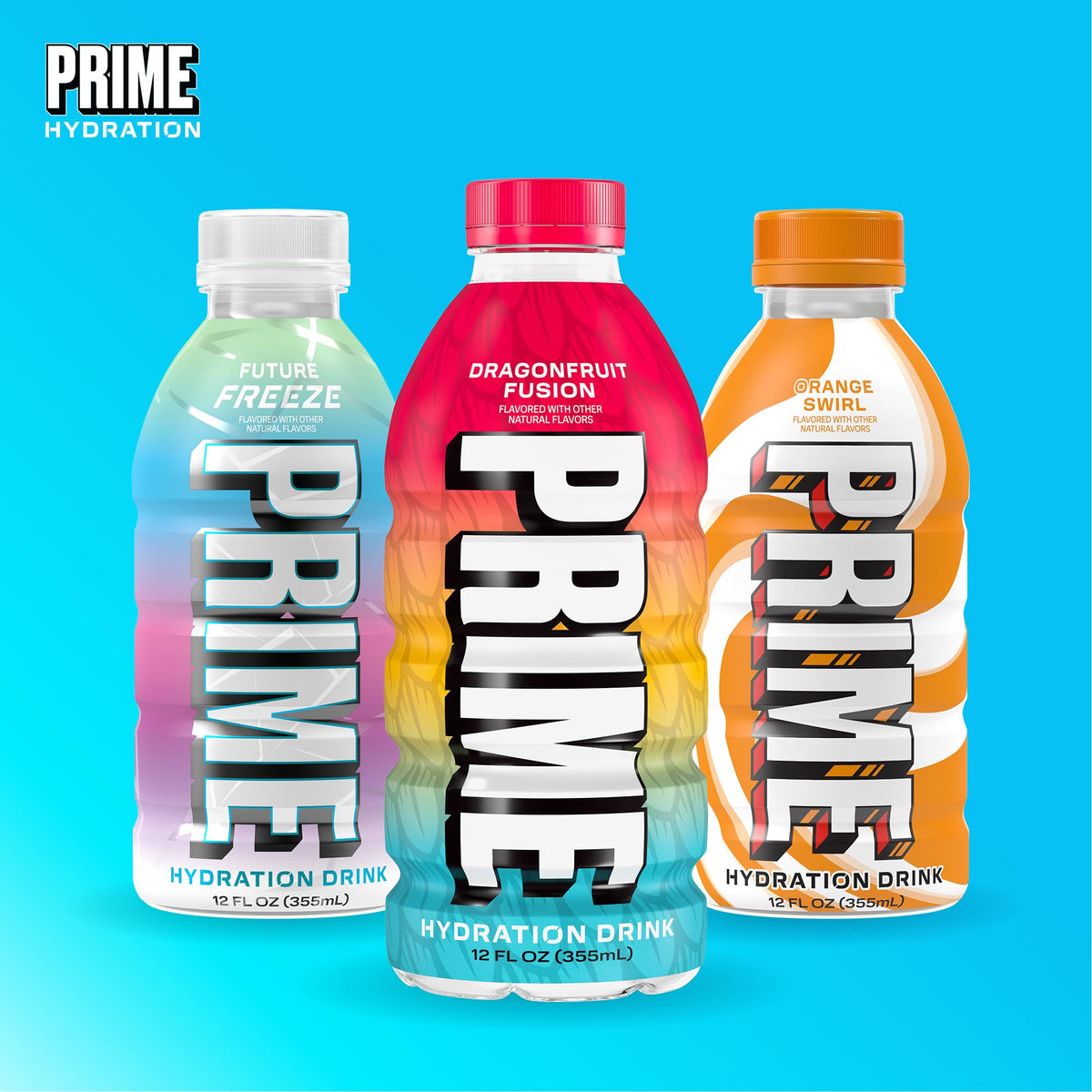 PRIME Hydration variety display featuring bold flavors for everyday refreshment