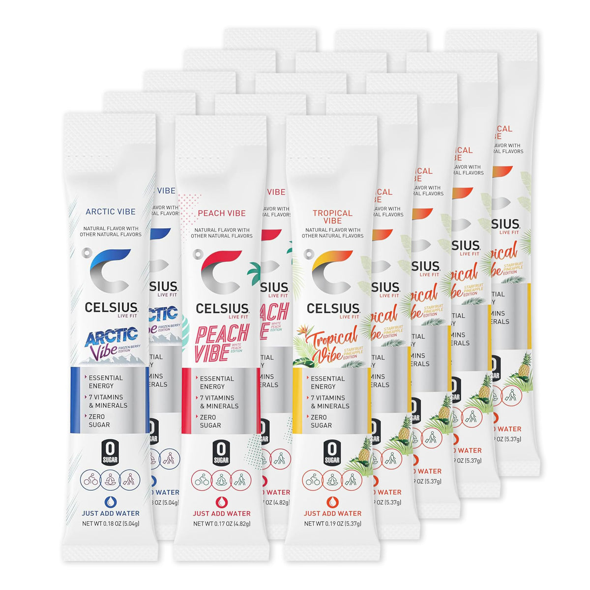 Prime Odyssey On-The-Go Energy Sticks: Tropical, Peach, Arctic flavors for a sugar-free workout boost.