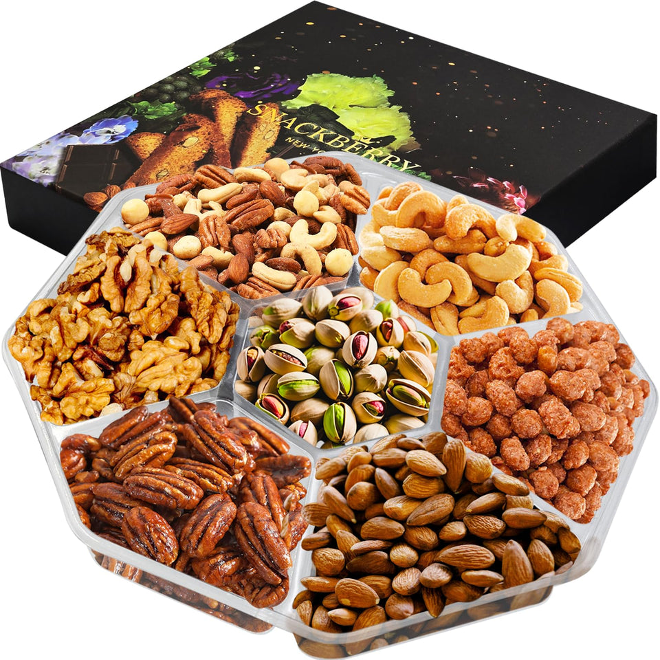 Prime Platters gourmet mixed nuts gift basket in a black box, perfect for gifting and snacking with variety.