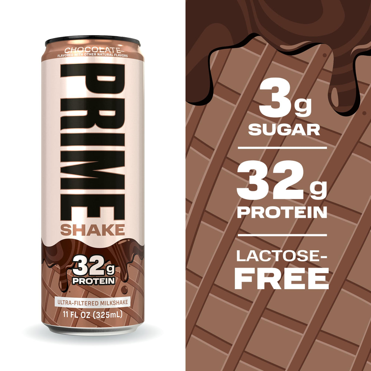 Prime Shakes Chocolate label highlights lactose-free filtration and clean ingredients.