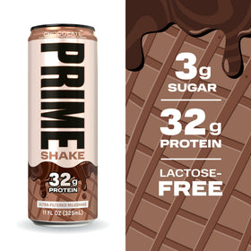 Prime Shakes Chocolate label highlights lactose-free filtration and clean ingredients.