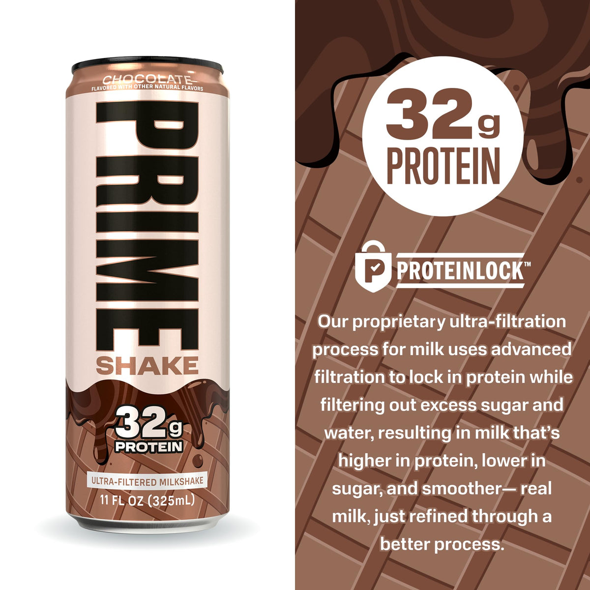 Prime Shakes Chocolate nutrition panel shows 32g protein per bottle.