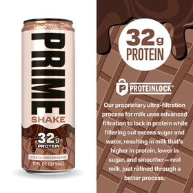 Prime Shakes Chocolate nutrition panel shows 32g protein per bottle.