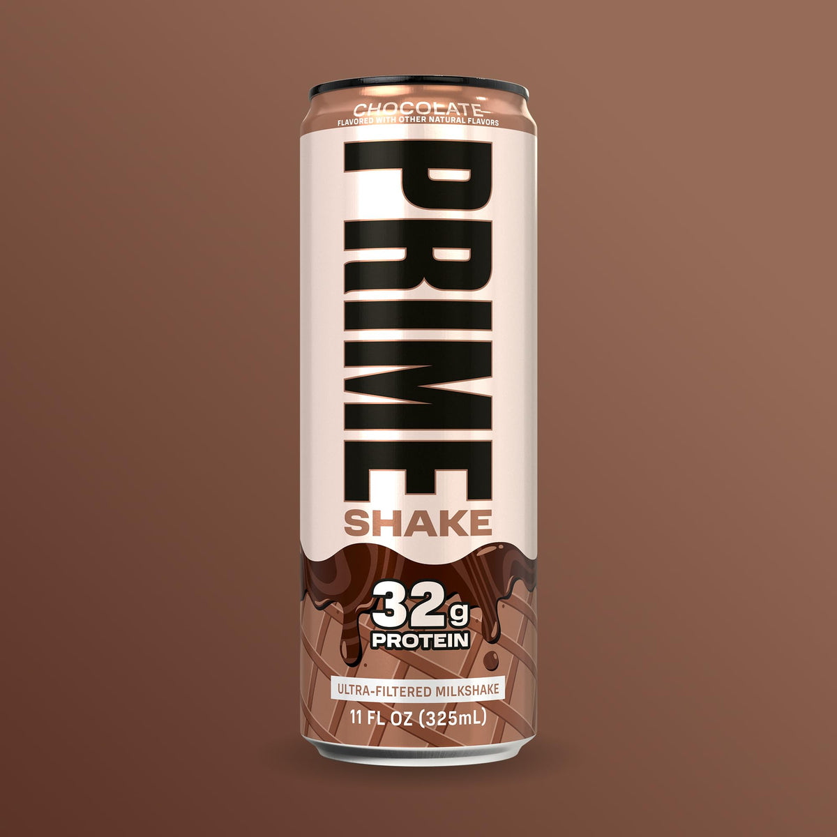 Prime Shakes Chocolate packaging displays compact shelf-stable format.