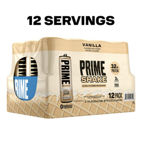 PRIME Shakes Vanilla 12-pack box on shelf for bulk convenience