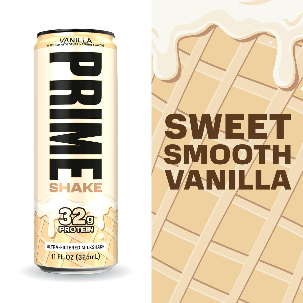 PRIME Shakes Vanilla bottle being poured showing convenient post-workout protein