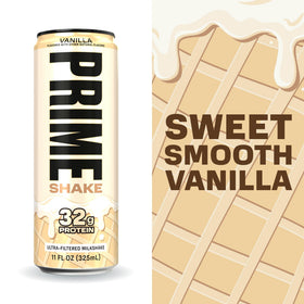 PRIME Shakes Vanilla bottle being poured showing convenient post-workout protein