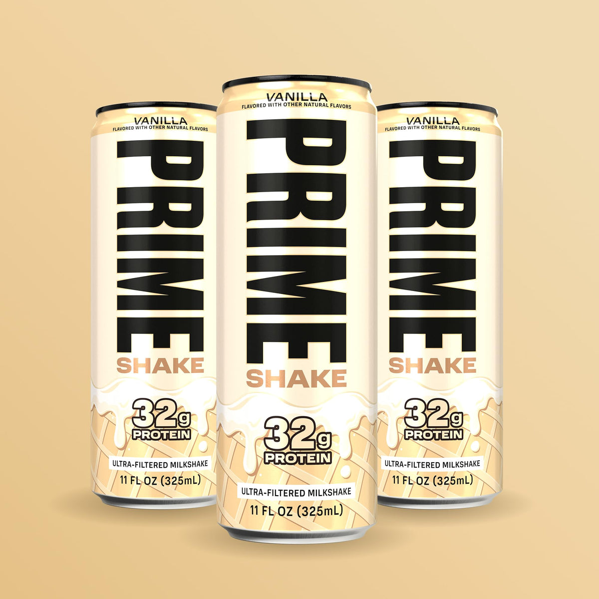 PRIME Shakes Vanilla bottle with ice and glass implying refreshing protein option