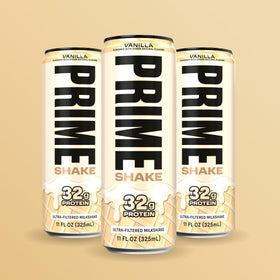 PRIME Shakes Vanilla bottle with ice and glass implying refreshing protein option