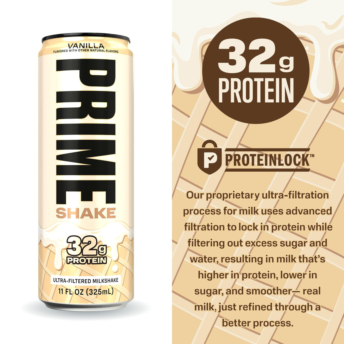 PRIME Shakes Vanilla label close-up showing lactose-free and low sugar notes