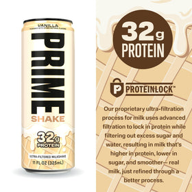 PRIME Shakes Vanilla label close-up showing lactose-free and low sugar notes