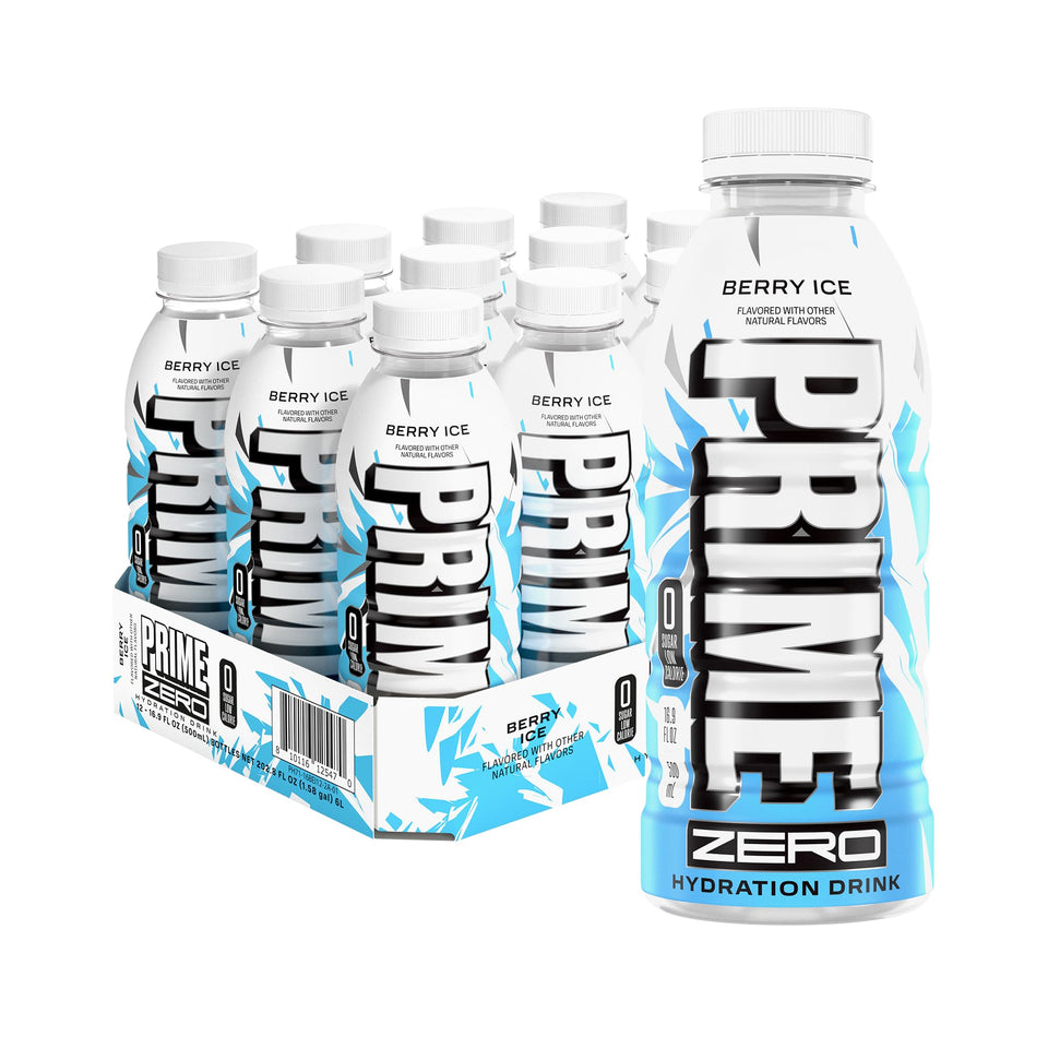 Prime ZERO Berry Ice bottle for on-the-go hydration without sugar.