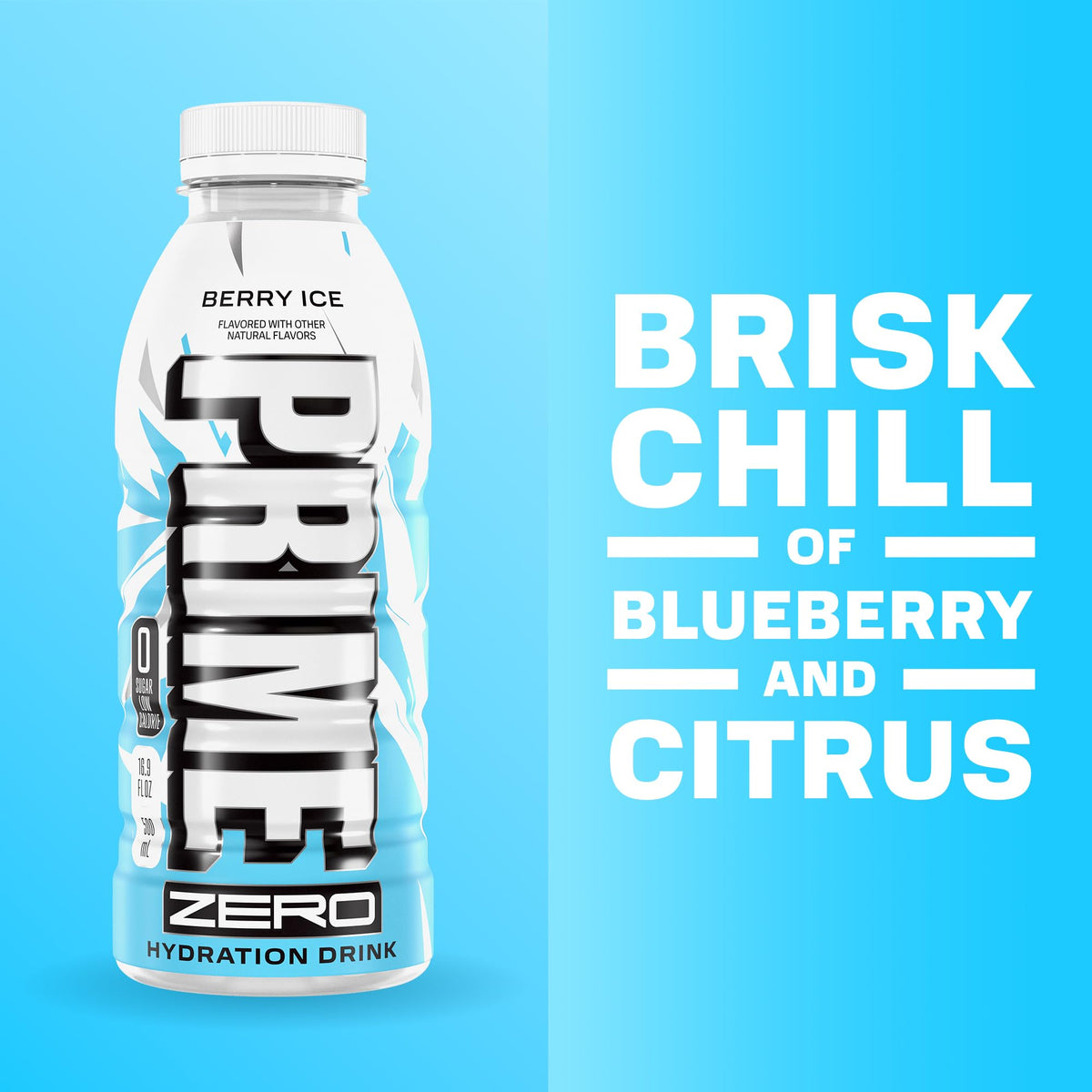 Prime ZERO Berry Ice label close-up highlights electrolytes and no artificial colors.