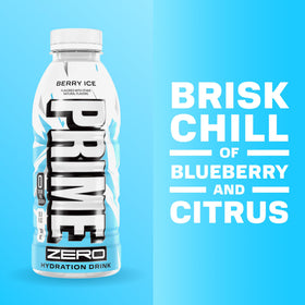 Prime ZERO Berry Ice label close-up highlights electrolytes and no artificial colors.