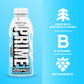 Prime ZERO Berry Ice pouring shot showcases refreshing, zero-sugar hydration during workouts.