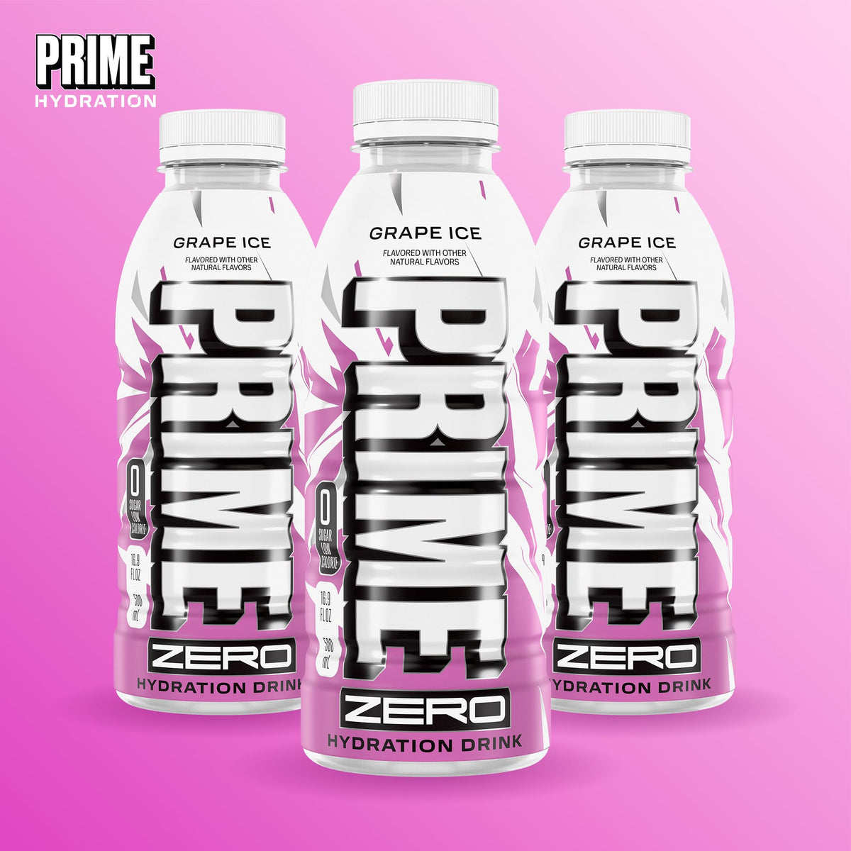 Prime Zero Grape Ice bottle outdoors on hot day.