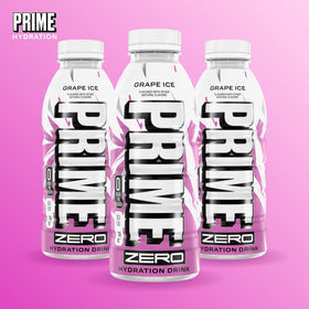 Prime Zero Grape Ice bottle outdoors on hot day.