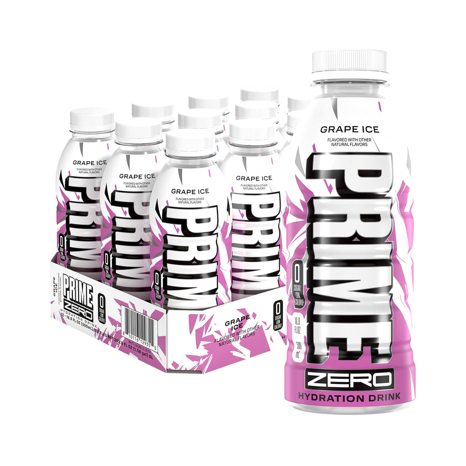 Prime Zero Grape Ice bottle front view for post-workout hydration.