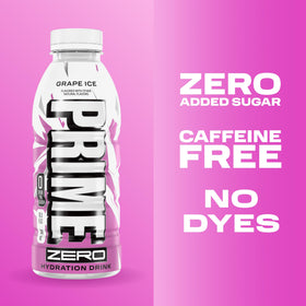 Prime Zero Grape Ice label emphasizes electrolytes and B vitamins.