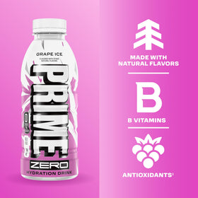 Prime Zero Grape Ice pour into glass showcases crisp, refreshing hydration.