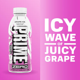 Prime Zero Grape Ice bottle side angle highlights grape flavor and electrolytes.