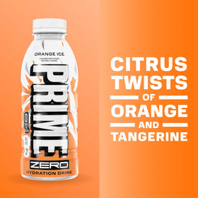 PRIME ZERO ORANGE ICE bottle side view highlighting zero sugar.