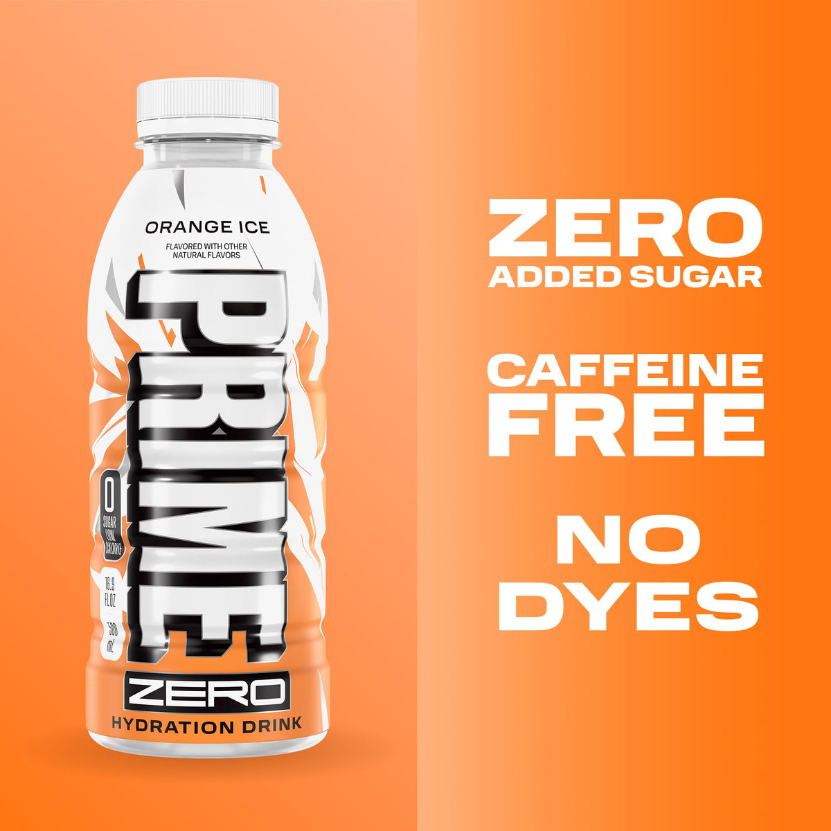 Close-up of PRIME ZERO ORANGE ICE label showing natural flavors.
