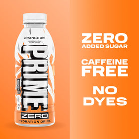 Close-up of PRIME ZERO ORANGE ICE label showing natural flavors.