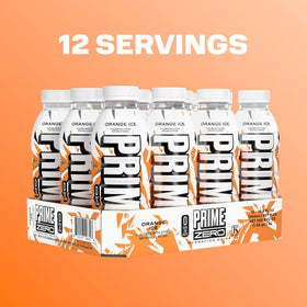Chilled PRIME ZERO ORANGE ICE in a glass for a refreshing break.