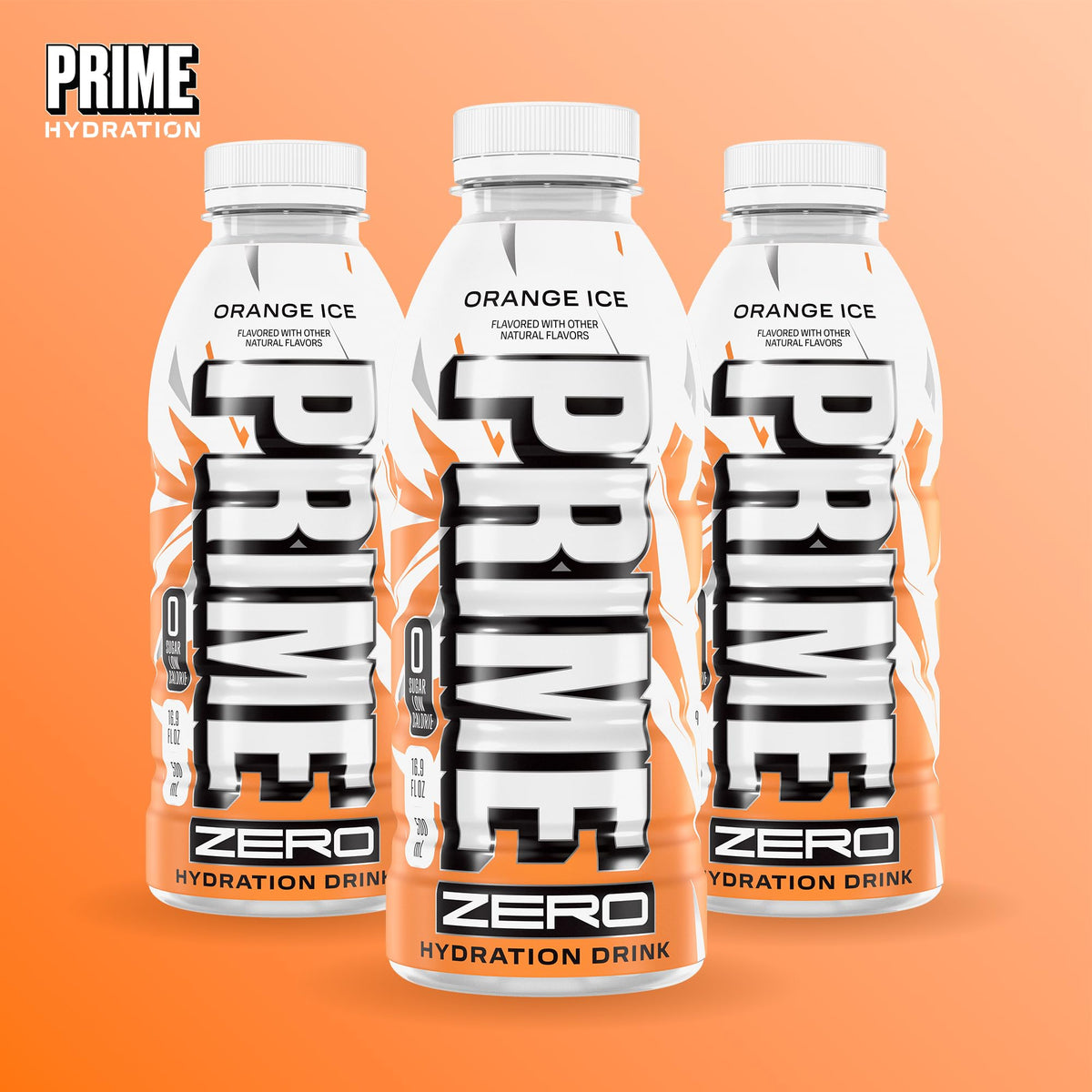 Detail of PRIME ZERO ORANGE ICE label emphasizing electrolytes and vitamins.