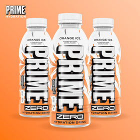 Detail of PRIME ZERO ORANGE ICE label emphasizing electrolytes and vitamins.