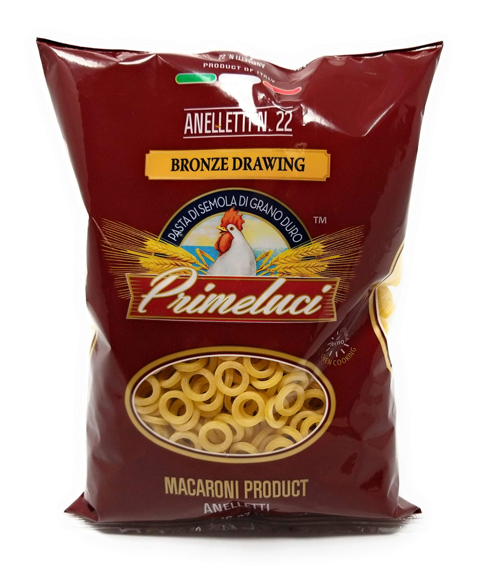 Primeluci Anelletti pasta pack with four 1 lb portions for easy meal prep.