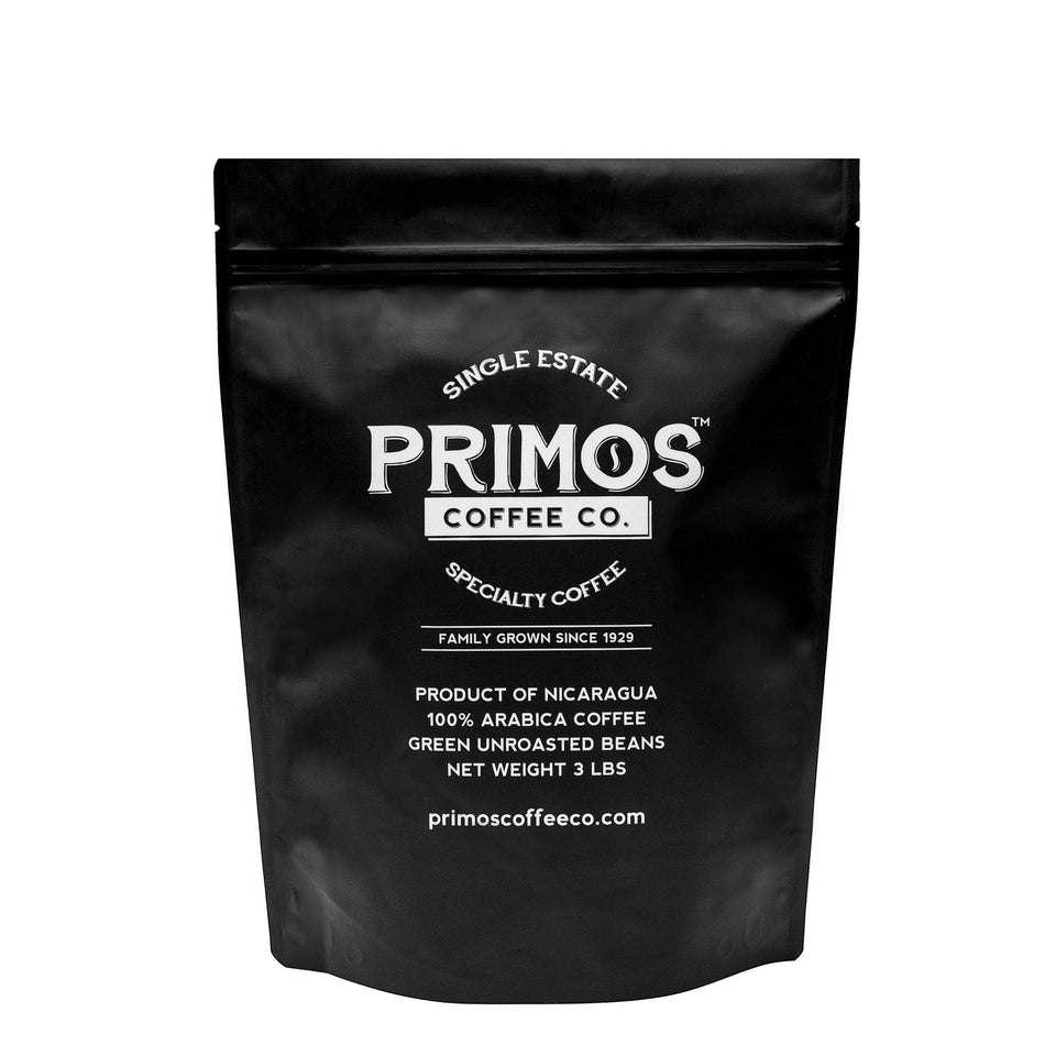 Primos Coffee Co. 3lb green beans pack shot for home roasting