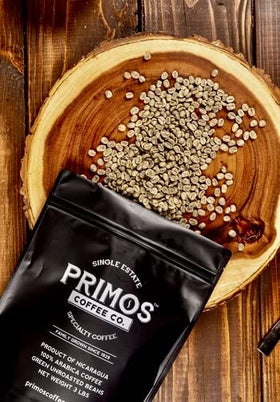 Primos Coffee Co. Caturra green beans; perfect for home roasting enthusiasts.