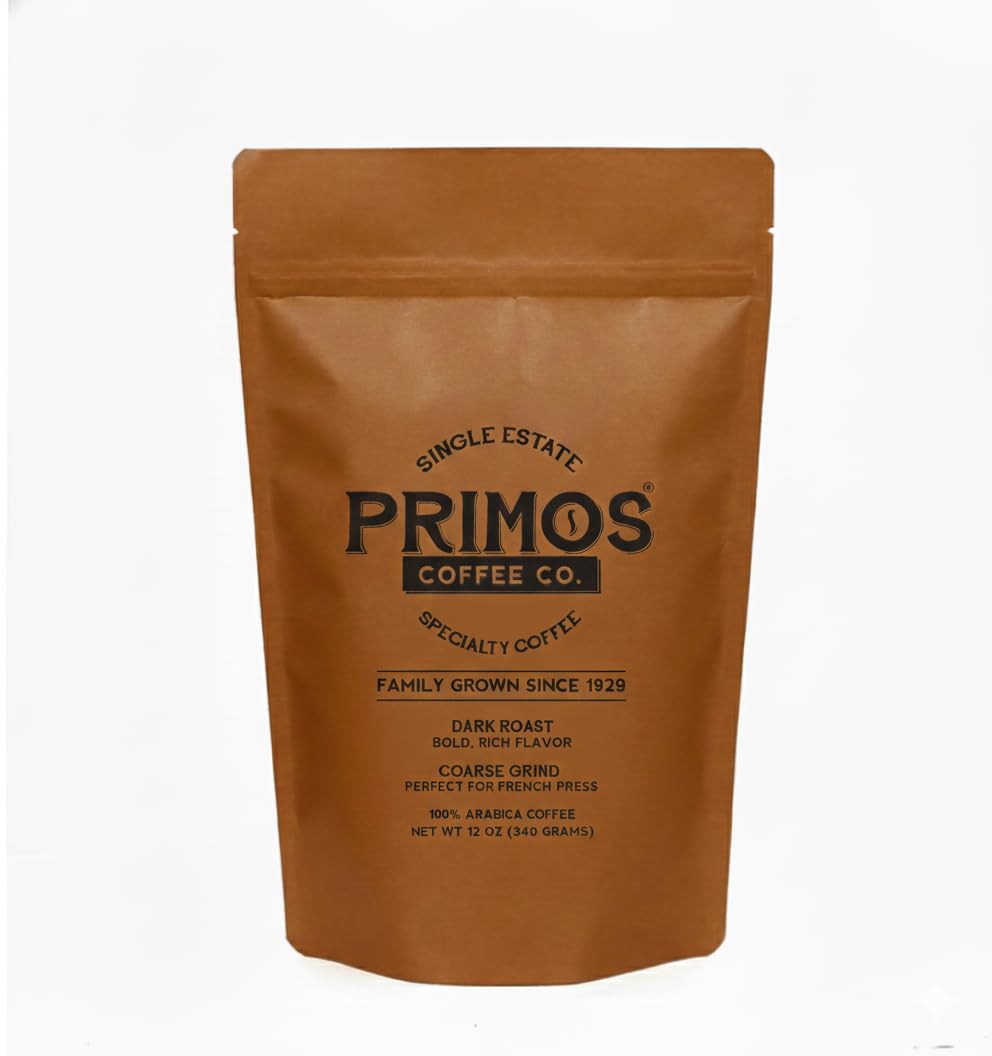 Primos Coffee Co. French press aroma highlights bold, inviting notes.